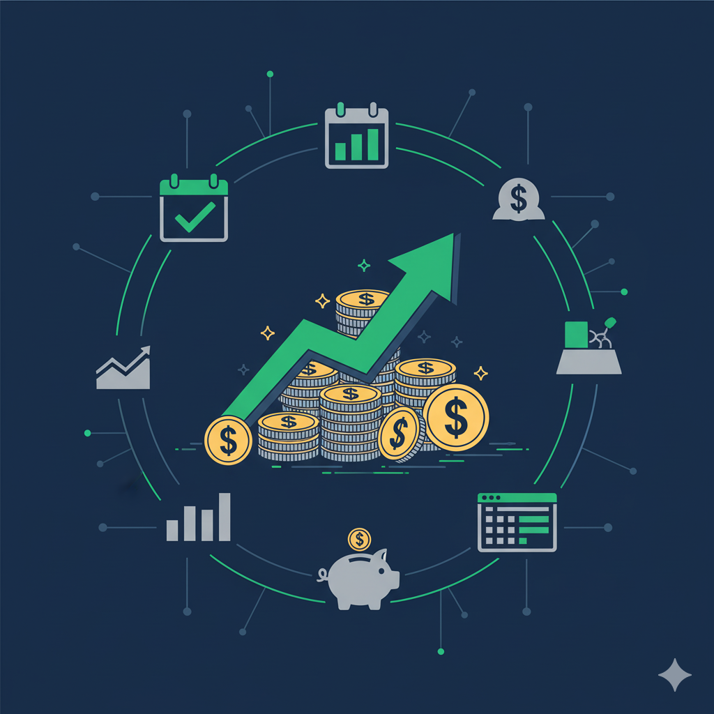 Um gráfico de crescimento com uma seta para cima, sobre moedas e ícones de organização. A imagem representa a educação e o controle financeiro para o crescimento seguro de uma empresa.