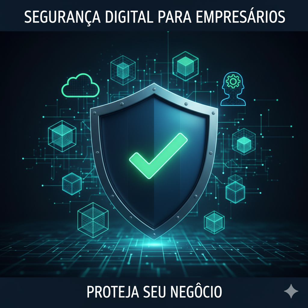 Um escudo digital estilizado protegendo ícones de dados, nuvem e uma figura humana, simbolizando a segurança digital para empresários e a proteção de seus negócios contra ameaças cibernéticas.