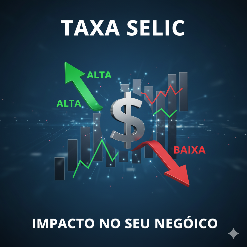 Gráficos abstratos com setas e o símbolo do Real (R$) representando as flutuações da Taxa Selic e seu impacto na economia e nos negócios.