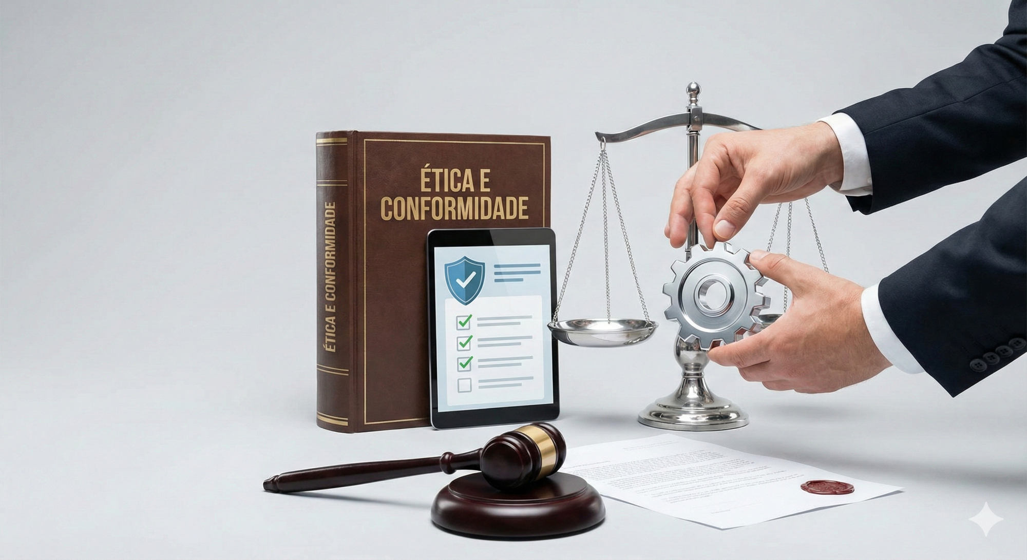 Fotografia de estúdio em estilo banco de imagens com fundo cinza neutro. Mãos masculinas em um terno de negócios ajustam uma engrenagem de metal prateado em um dos pratos de uma balança de justiça. Ao lado, um livro encadernado em couro marrom com o título dourado "ÉTICA E CONFORMIDADE", um tablet exibindo um ícone de escudo e um checklist digital, um martelo de juiz de madeira sobre sua base e um documento legal com um selo de cera vermelho. A composição é limpa e profissional, focada nos objetos sobre uma superfície branca.