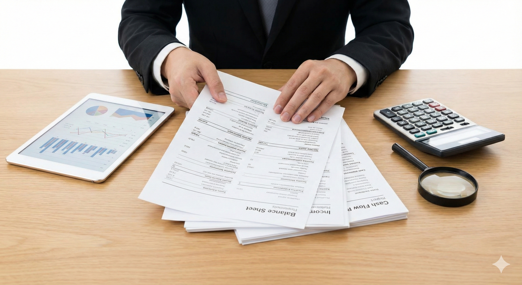Fotografia de banco de imagens mostrando as mãos de um empresário de terno analisando uma pilha de documentos financeiros, incluindo um "Balance Sheet" (Balanço Patrimonial), sobre uma mesa de madeira. Ao lado, há um tablet exibindo gráficos de desempenho, uma calculadora e uma lupa. O fundo é branco e neutro, transmitindo seriedade e organização.