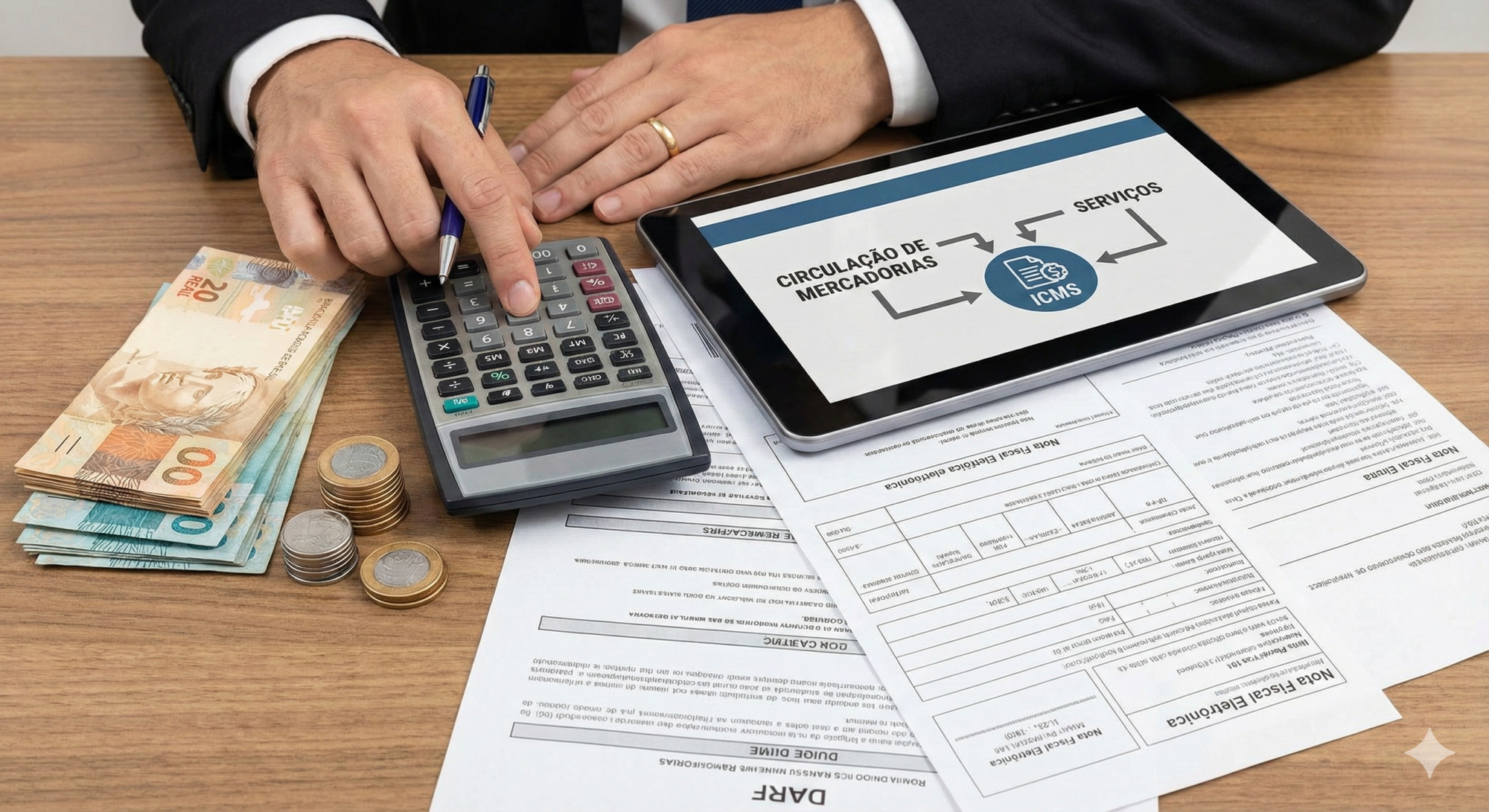 Fotografia de banco de imagens em ângulo superior, mostrando as mãos de um empresário de terno usando uma calculadora financeira sobre uma mesa de madeira. Ao lado, há uma pilha de cédulas e moedas de Real brasileiro, guias de recolhimento de impostos (DARF) e uma Nota Fiscal Eletrônica impressa. Um tablet exibe um fluxograma conceitual com setas conectando "CIRCULAÇÃO DE MERCADORIAS" e "SERVIÇOS" a um ícone central rotulado "ICMS". A cena representa o cálculo e a gestão de tributos.