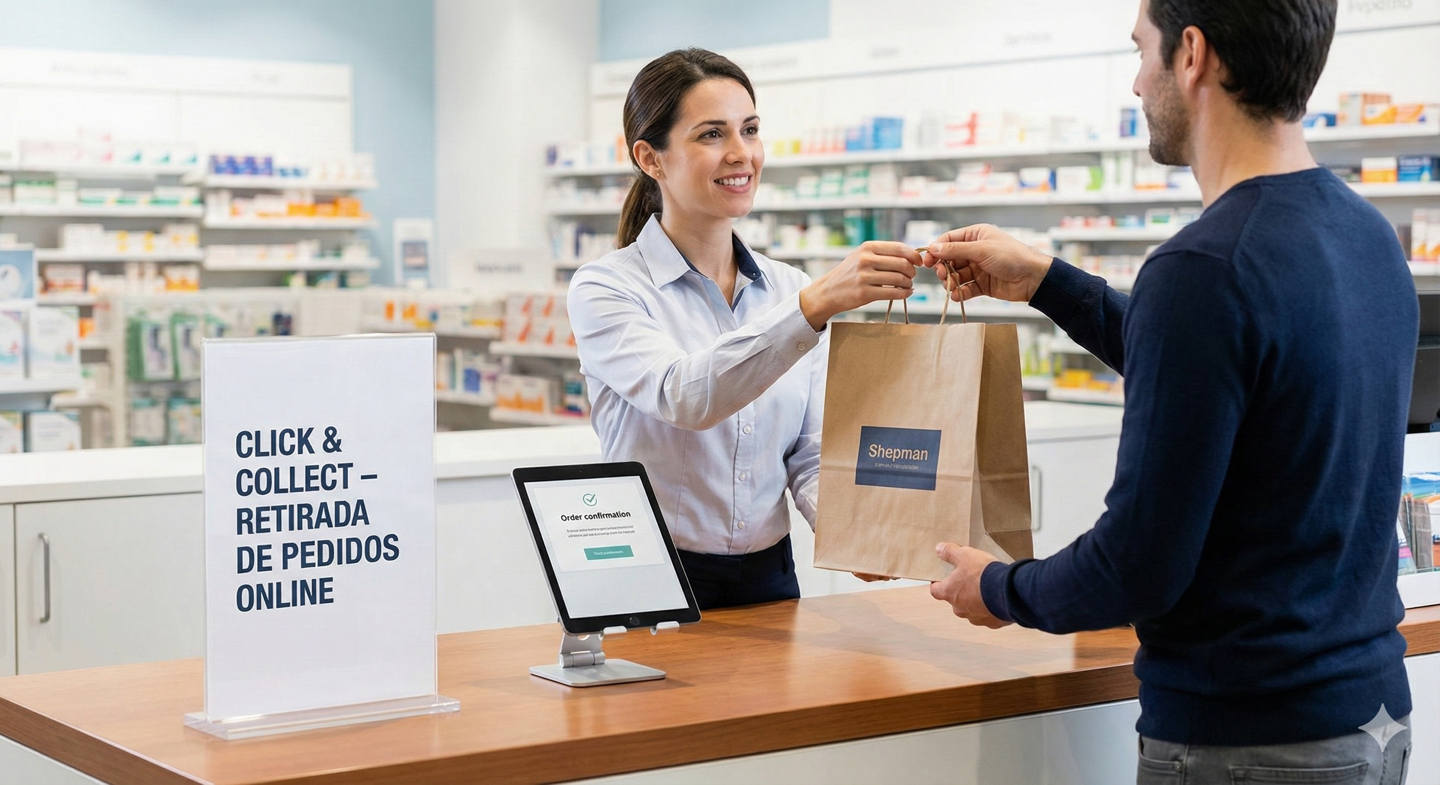 Fotografia em uma farmácia moderna e iluminada, onde uma funcionária sorridente entrega uma sacola de papel para um cliente no balcão de atendimento. Sobre o balcão de madeira, destaca-se uma placa de acrílico com o texto azul "CLICK & COLLECT – RETIRADA DE PEDIDOS ONLINE", ao lado de um tablet em um suporte exibindo uma tela de confirmação de pedido. O fundo mostra prateleiras organizadas com produtos.