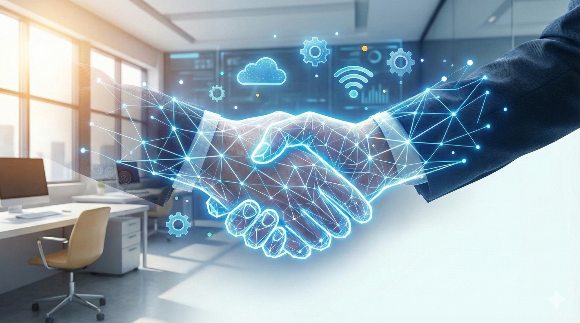 Foto de um aperto de mão entre executivos em um escritório moderno, com uma sobreposição gráfica de uma rede digital azul brilhante e ícones de nuvem e Wi-Fi, simbolizando a parceria estratégica e a integração de tecnologia na transformação digital de associações e empresas