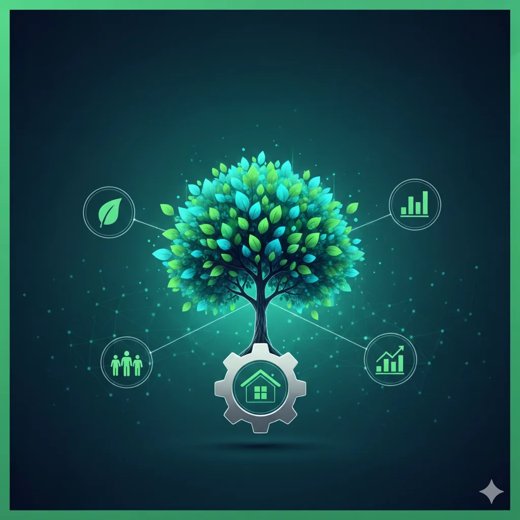 Uma árvore estilizada crescendo a partir de um ícone de engrenagem, com folhas verdes e elementos gráficos que representam os pilares Ambiental, Social e Governança (ESG), simbolizando uma empresa sustentável e seu crescimento consciente.