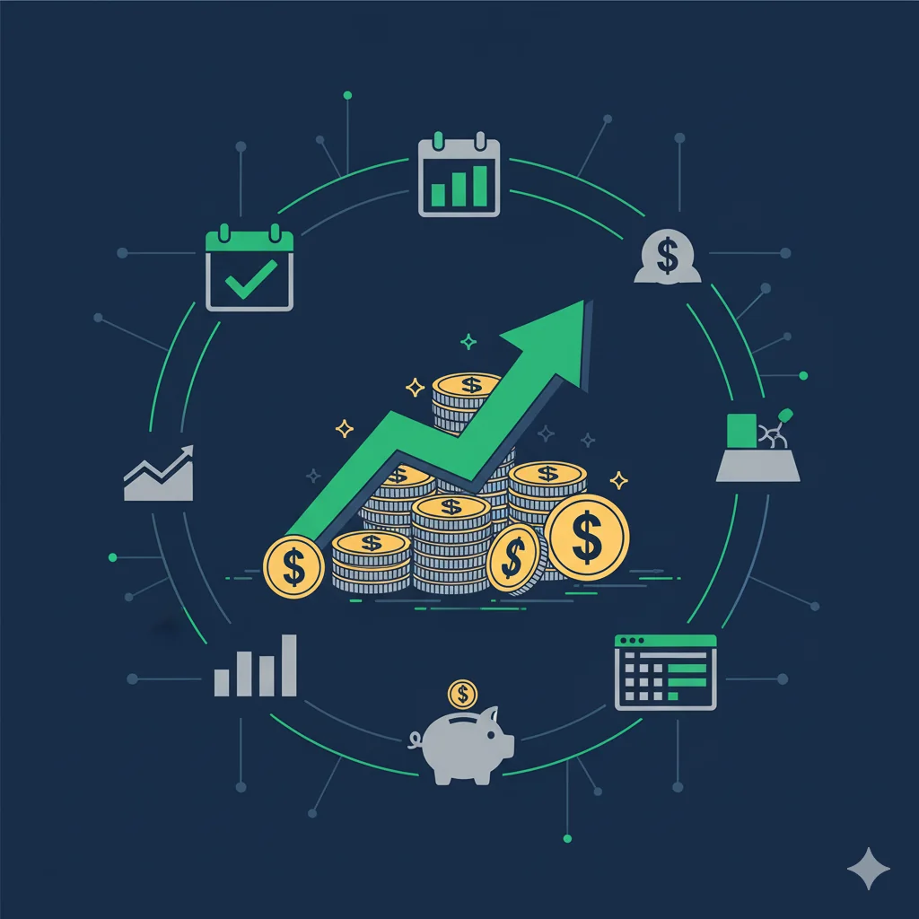 Um gráfico de crescimento com uma seta para cima, sobre moedas e ícones de organização. A imagem representa a educação e o controle financeiro para o crescimento seguro de uma empresa.