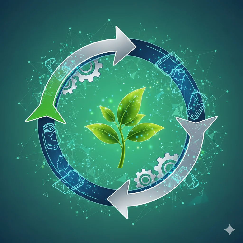 Uma imagem vibrante e inovadora que representa o conceito de economia circular. No centro, um círculo formado por elementos que sugerem diferentes etapas (reutilização, reciclagem, reparo), como setas em looping, engrenagens e folhas, com um ícone de planta ou crescimento no meio. Ao redor, elementos abstratos de resíduos sendo transformados ou reintegrados. As cores devem ser frescas e tecnológicas, com tons de verde, azul e prata, transmitindo a ideia de inovação e sustentabilidade.