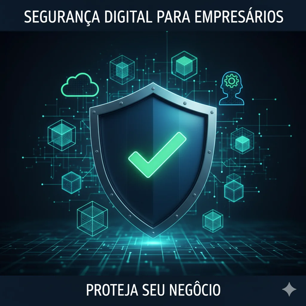 Um escudo digital estilizado protegendo ícones de dados, nuvem e uma figura humana, simbolizando a segurança digital para empresários e a proteção de seus negócios contra ameaças cibernéticas.