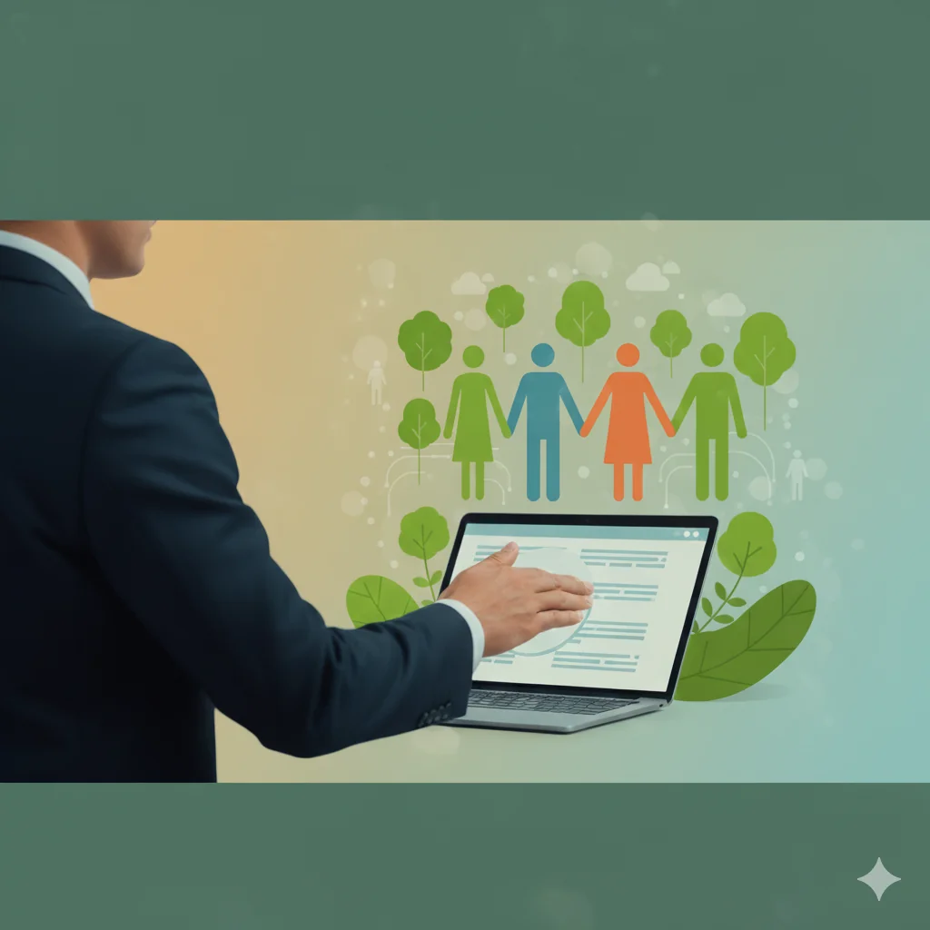 Um empreendedor estendendo a mão em direção a uma comunidade, com elementos que simbolizam responsabilidade social, como um símbolo de árvore ou folha. A imagem representa o impacto positivo das empresas na sociedade e no meio ambiente.