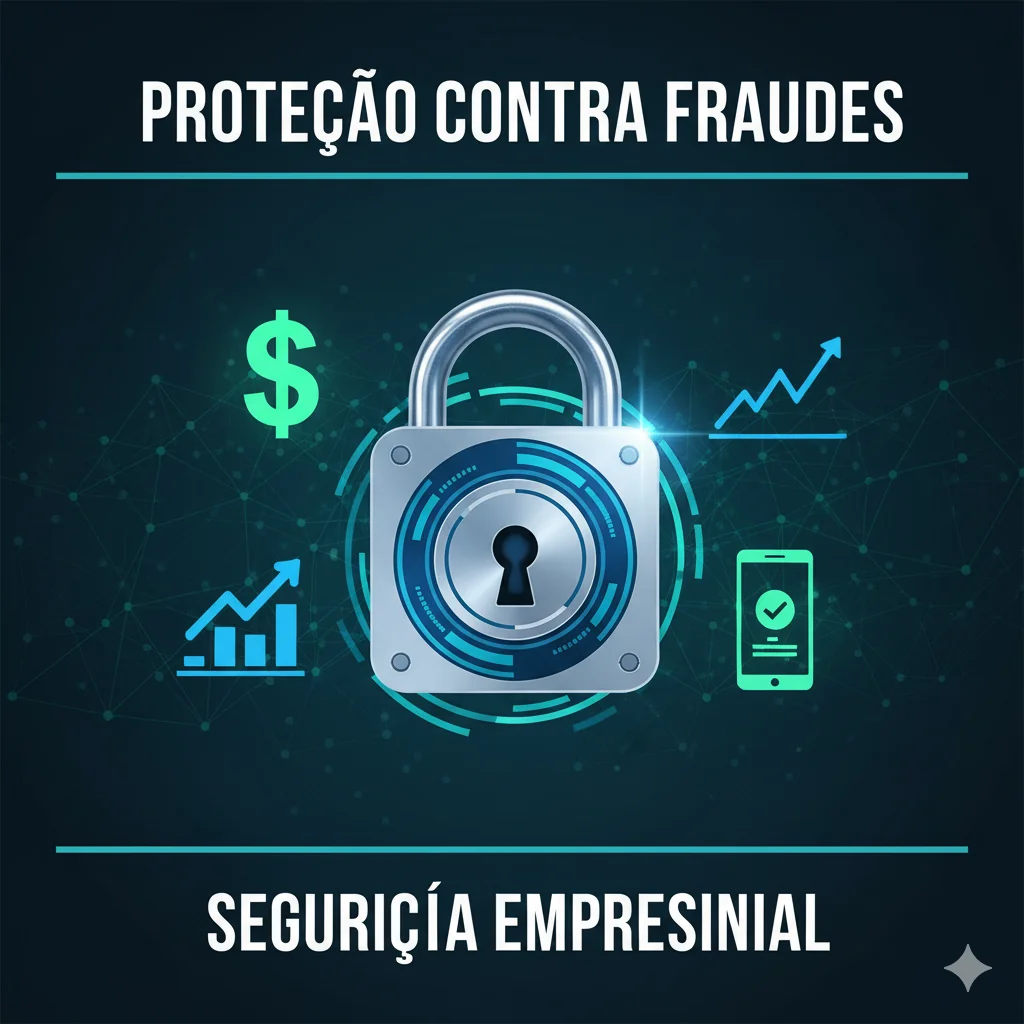 Um cadeado estilizado com ícones de dinheiro, um gráfico e um smartphone ao fundo, simbolizando a segurança financeira e a prevenção de fraudes em empresas e pequenos negócios.