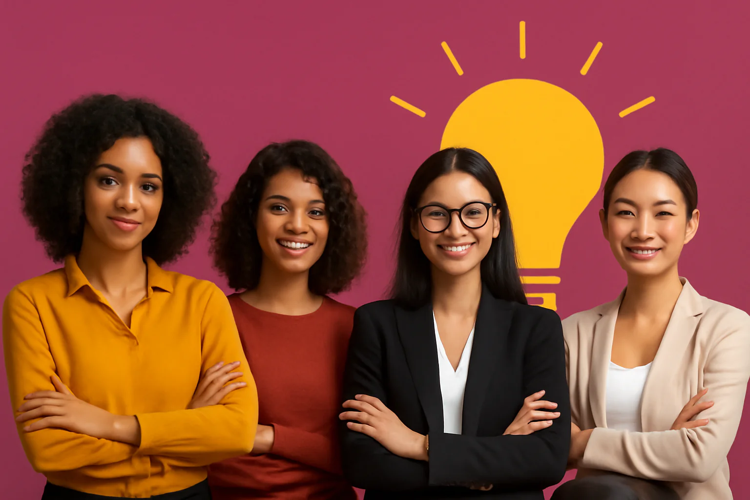 Quatro mulheres com diferentes etnias, vestindo roupas estilosas, em poses de confiança com os braços cruzados. O fundo magenta é complementado por um ícone de lâmpada amarela, representando inovação e empoderamento feminino no contexto do empreendedorismo.