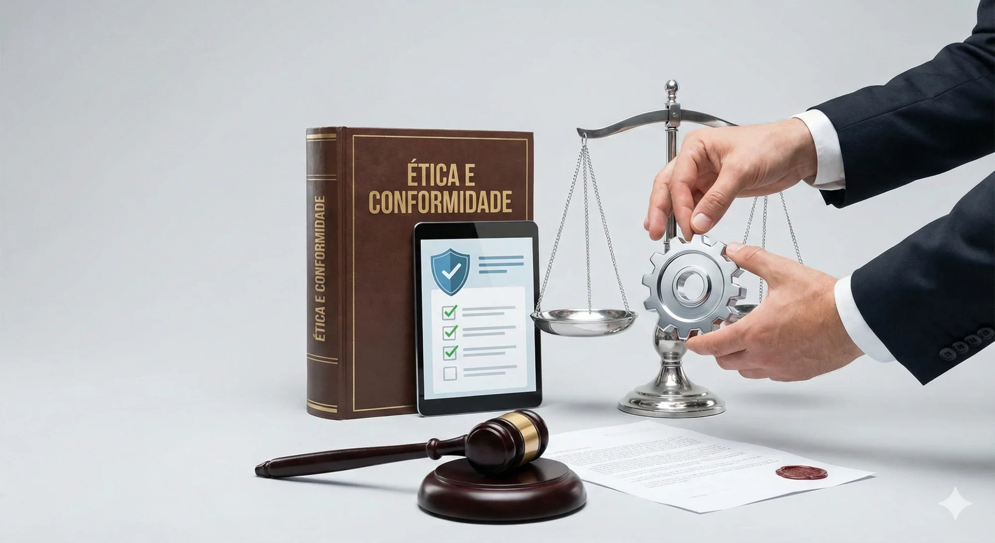 Fotografia de estúdio em estilo banco de imagens com fundo cinza neutro. Mãos masculinas em um terno de negócios ajustam uma engrenagem de metal prateado em um dos pratos de uma balança de justiça. Ao lado, um livro encadernado em couro marrom com o título dourado "ÉTICA E CONFORMIDADE", um tablet exibindo um ícone de escudo e um checklist digital, um martelo de juiz de madeira sobre sua base e um documento legal com um selo de cera vermelho. A composição é limpa e profissional, focada nos objetos sobre uma superfície branca.