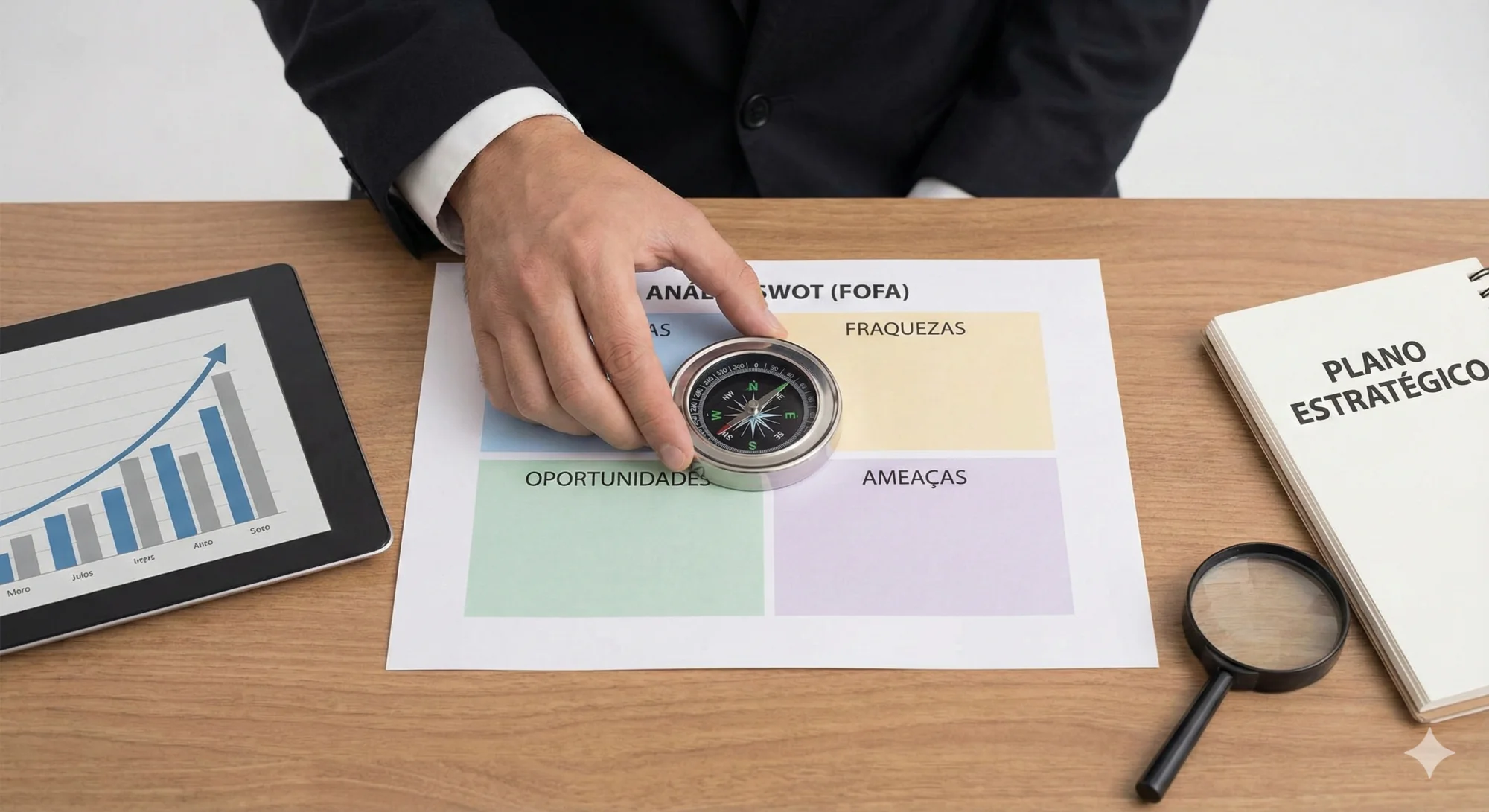 Alt Text: Fotografia de banco de imagens em vista superior. A mão de um empresário em um terno escuro posiciona uma bússola de metal sobre uma folha impressa com a matriz "ANÁLISE SWOT (FOFA)" dividida em quatro quadrantes coloridos (Forças, Fraquezas, Oportunidades, Ameaças). Ao lado, sobre uma mesa de madeira, estão um tablet exibindo um gráfico de barras ascendente, um caderno com o título "PLANO ESTRATÉGICO" na capa e uma lupa. A iluminação é clara e profissional.