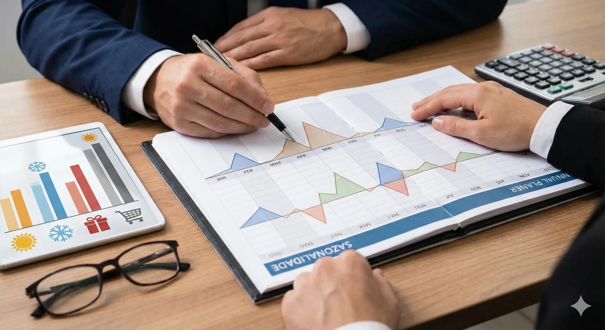 Fotografia de banco de imagens mostrando as mãos de dois empresários de terno analisando um gráfico de linhas com picos e vales intitulado "SAZONALIDADE" em um planejador aberto sobre uma mesa de madeira. Uma mão aponta para o gráfico com uma caneta. Ao lado, um tablet exibe um gráfico de barras com ícones representando diferentes estações e eventos comerciais (sol, neve, presente, carrinho de compras). Uma calculadora e óculos de leitura compõem o cenário de escritório.