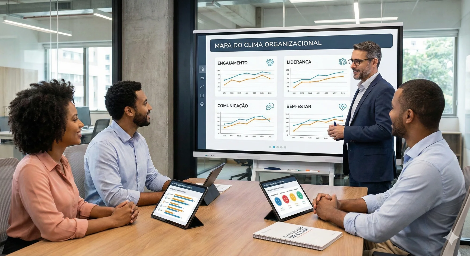 Fotografia de banco de imagens em um escritório moderno. Um gerente homem apresenta dados em uma grande tela interativa para uma equipe diversa de três pessoas sentadas a uma mesa de madeira. A tela exibe o título "MAPA DO CLIMA ORGANIZACIONAL" com quatro gráficos de linha mostrando tendências de "ENGAJAMENTO", "LIDERANÇA", "COMUNICAÇÃO" e "BEM-ESTAR". Sobre a mesa, tablets mostram resultados de pesquisas de satisfação e um caderno tem o título "PLANO DE AÇÃO DE CLIMA". O ambiente é colaborativo e focado em dados.