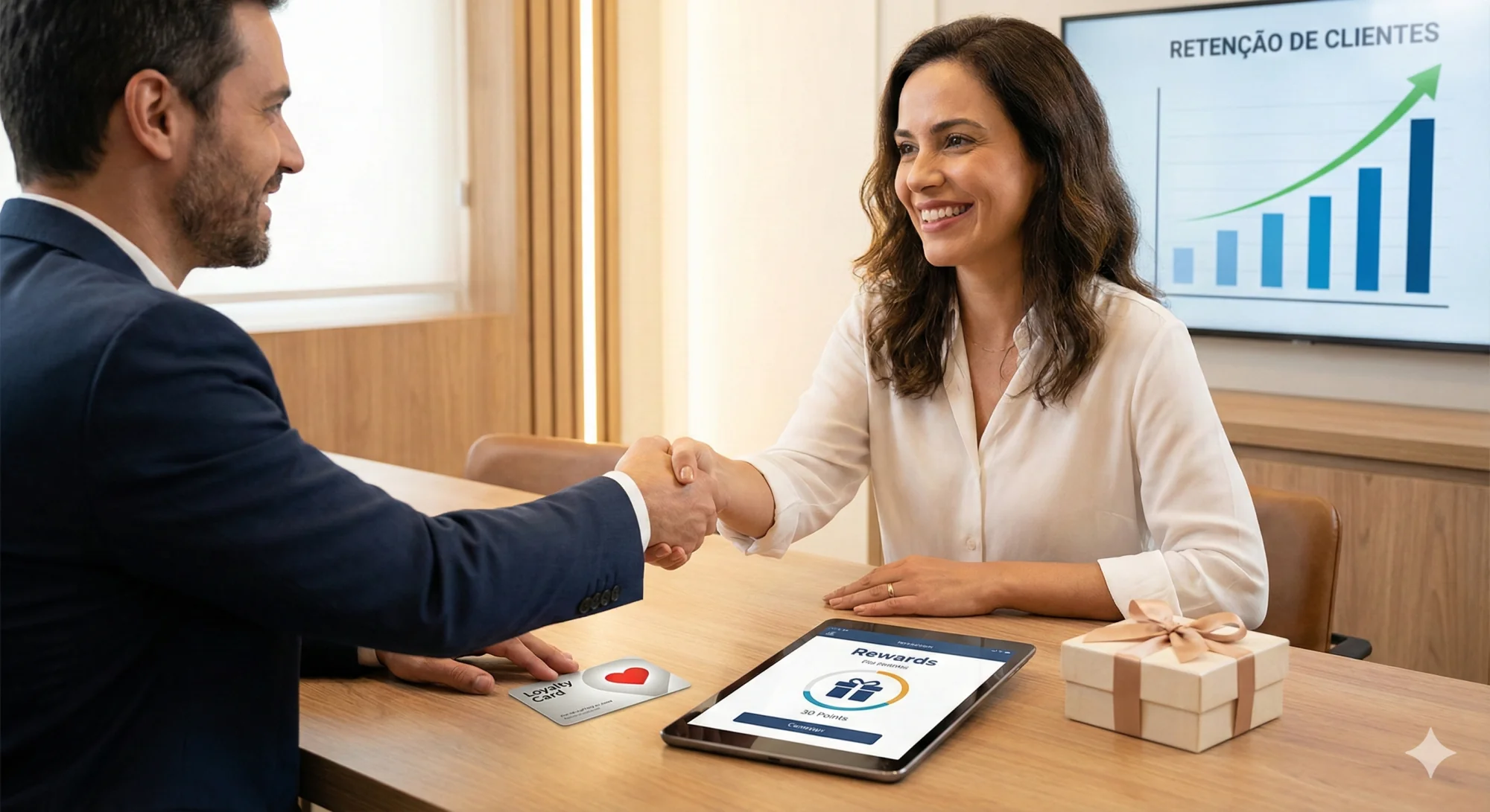 Fotografia de banco de imagens em um escritório moderno e iluminado. Um homem de terno aperta a mão de uma mulher sorridente do outro lado de uma mesa de madeira, simbolizando uma parceria de sucesso. Sobre a mesa, há um cartão de fidelidade físico com um ícone de coração, um tablet exibindo a interface de um aplicativo de recompensas ("Rewards") com ícones de presente e pontos, e uma pequena caixa de presente com um laço. Ao fundo, um monitor exibe um gráfico de barras crescente com o título "RETENÇÃO DE CLIENTES".