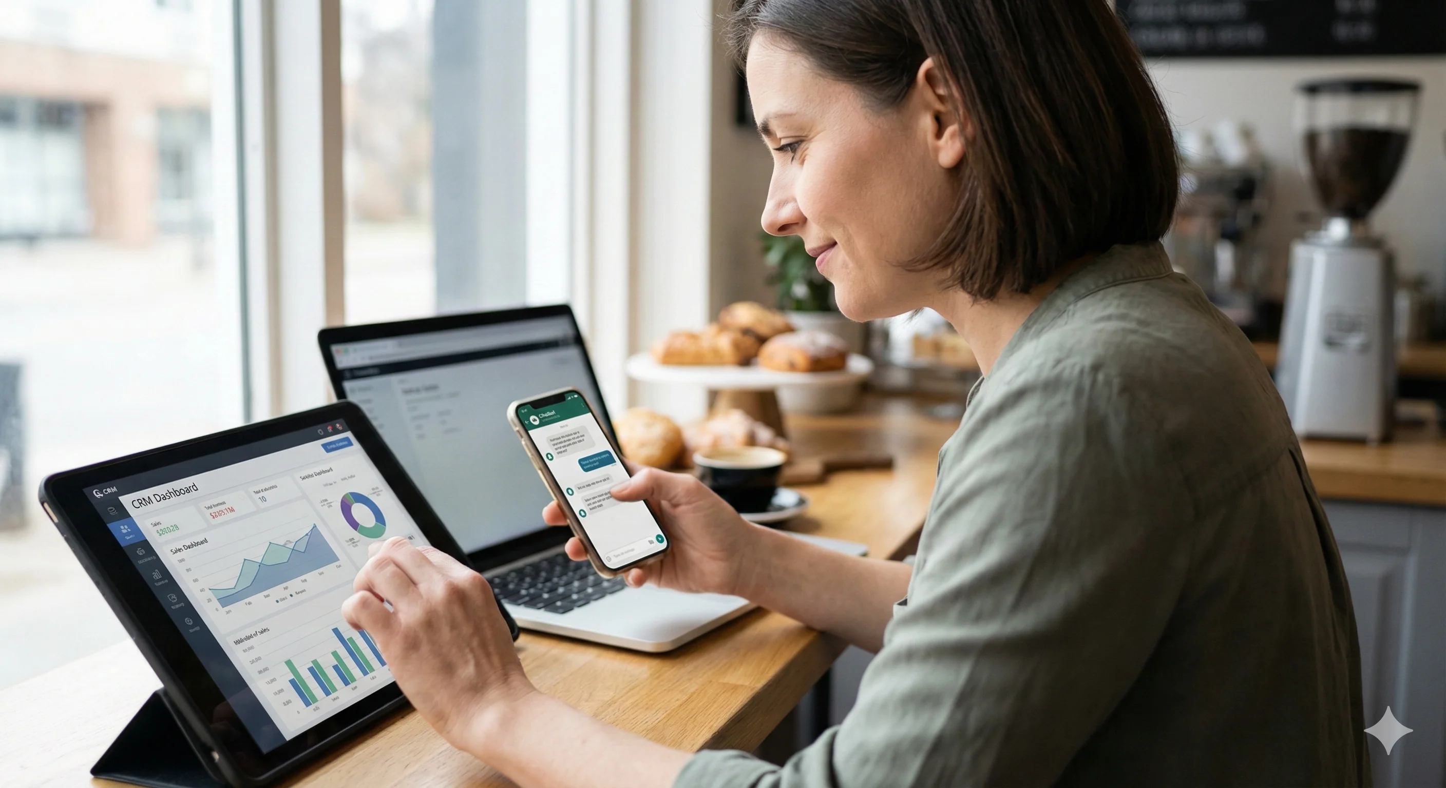 Fotografia de uma mulher de meia-idade, proprietária de uma cafeteria, sentada em uma mesa de madeira. Ela sorri enquanto interage com um tablet que exibe um painel de controle de vendas (CRM) com gráficos e, ao mesmo tempo, segura um smartphone mostrando uma conversa em um aplicativo de mensagens. Um laptop está aberto ao lado. O ambiente é uma cafeteria aconchegante com luz natural e produtos de panificação desfocados ao fundo.